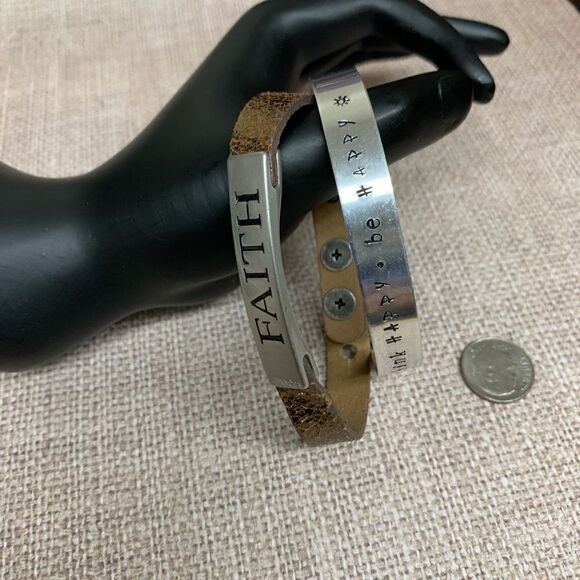 Good Works Faith Vegan Leather and Silver Be Happy Affirmation Bracelets - Picture 4 of 4